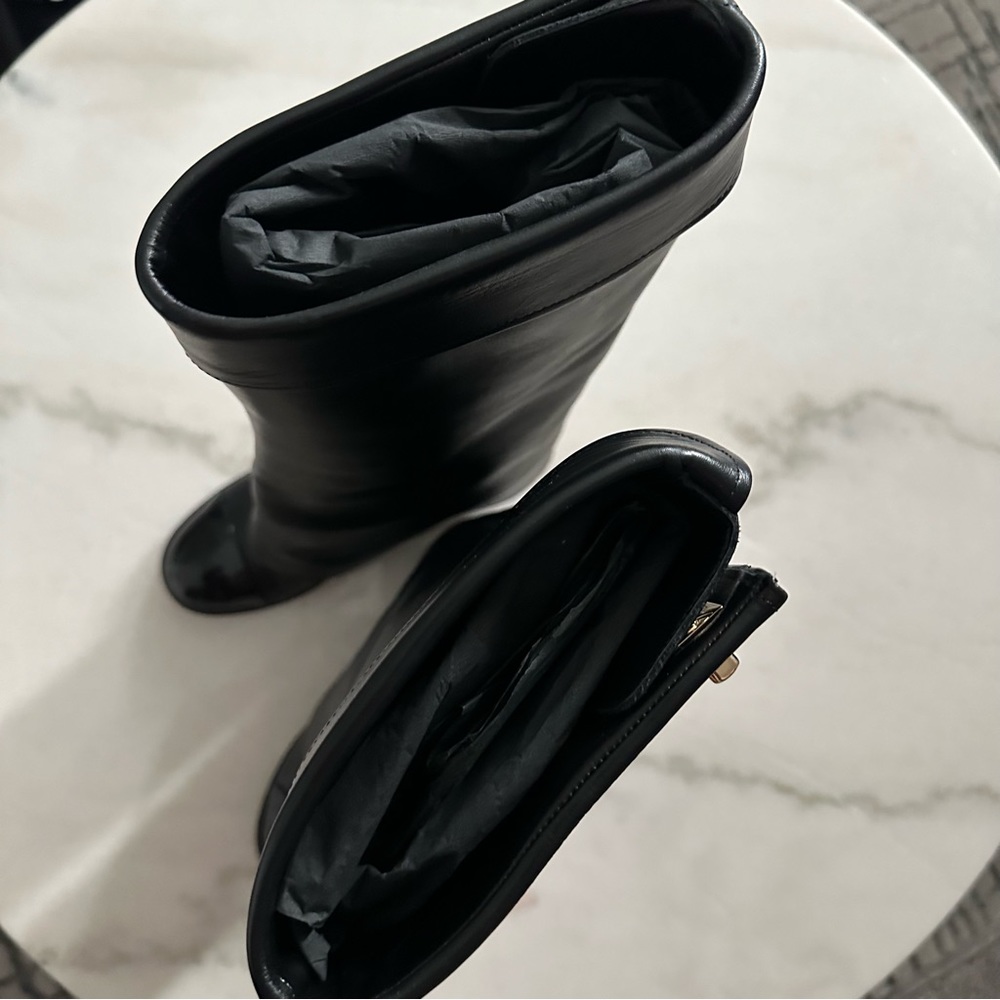 CHANEL Black Leather Knee-High Boots with Gold CC Accent - Picture 5 of 8